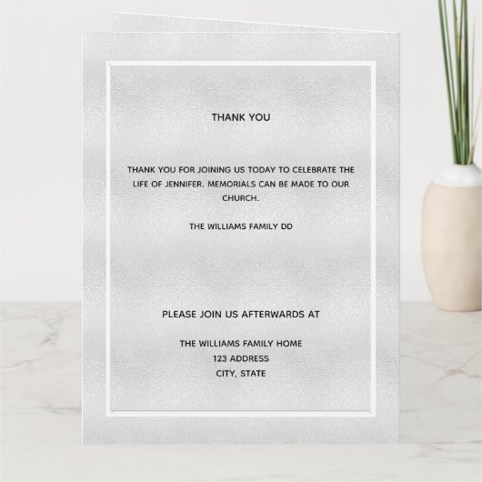 Silver Blue Foral Photoelegant begrafenisprogramma Bedankkaart (Achterkant)