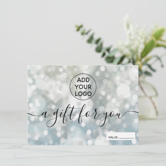 Silver blue glitter bokeh logo gift certificaat (Staand voorkant)