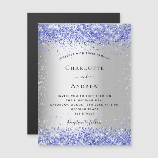 Silver blue glitter bruiloft magnet-uitnodiging (Voorkant / Achterkant)