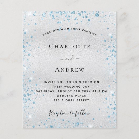 Silver blue glitter budget bruiloft-uitnodiging flyer (Voorkant)