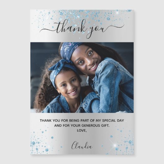 Silver blue glitter foto bedankt je magneet (Voorkant)