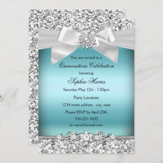 Silver Blue Glitter Jewel Bow Quinceanera Kaart (Voorkant / Achterkant)