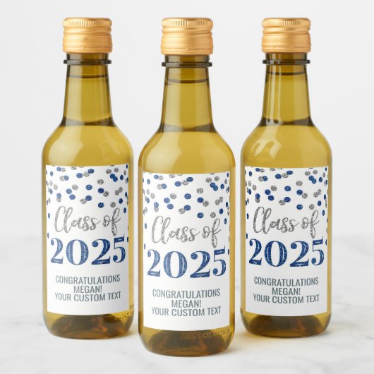 Silver Blue Glitter Klasse van 2025 Afstuderen Wijn Etiket (Flessen)