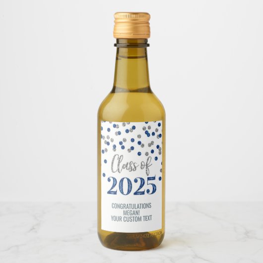 Silver Blue Glitter Klasse van 2025 Afstuderen Wijn Etiket (Voorkant)