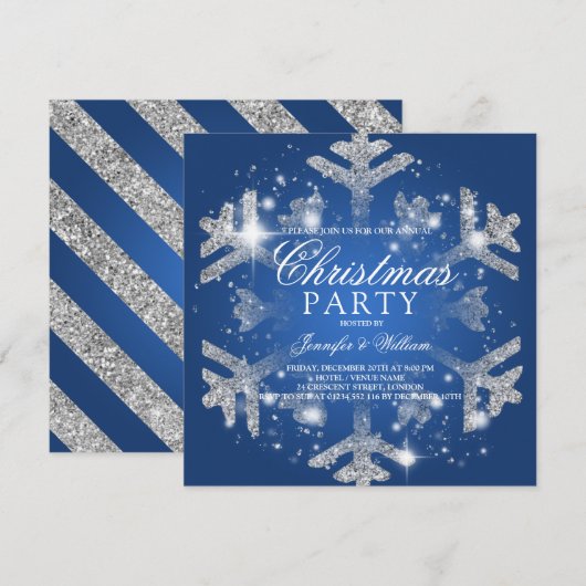 Silver & Blue Glitter Snowflake Xmas Holiday Party Kaart (Voorkant / Achterkant)
