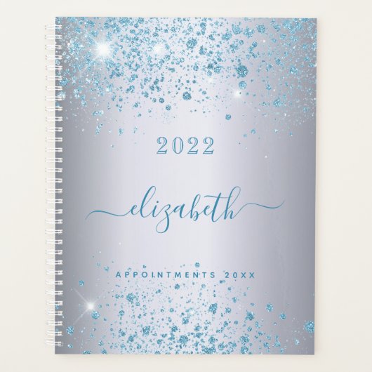 Silver blue glitter stofnaam monogram 2022 planner (Voorkant)