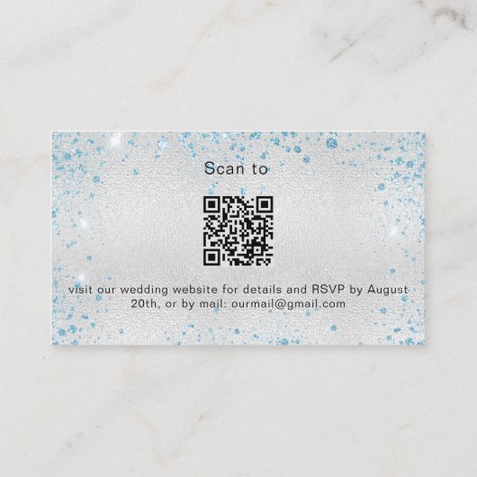 Silver blue glitter trouwwebsite RSVP QR-code Informatiekaartje (Achterkant)