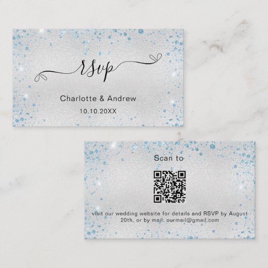 Silver blue glitter trouwwebsite RSVP QR-code Informatiekaartje (Voorkant / Achterkant)