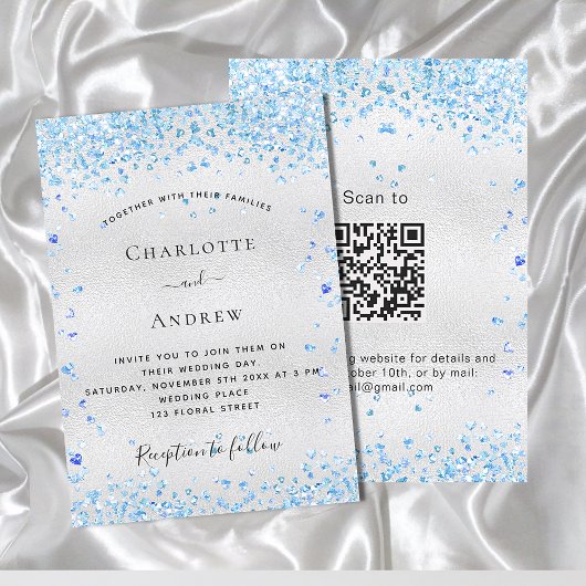 Silver blue harten QR code RSVP bruiloft Kaart