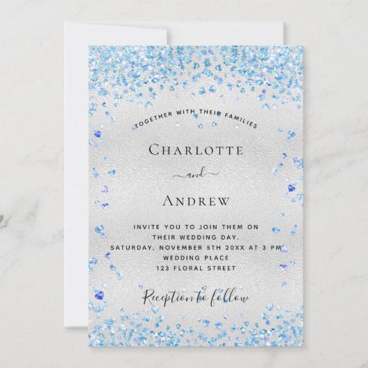 Silver blue harten QR code RSVP bruiloft Kaart (Voorkant)