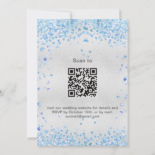 Silver blue harten QR code RSVP bruiloft Kaart (Achterkant)