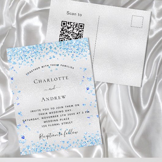 Silver blue harten QR code RSVP bruiloft Uitnodiging Briefkaart