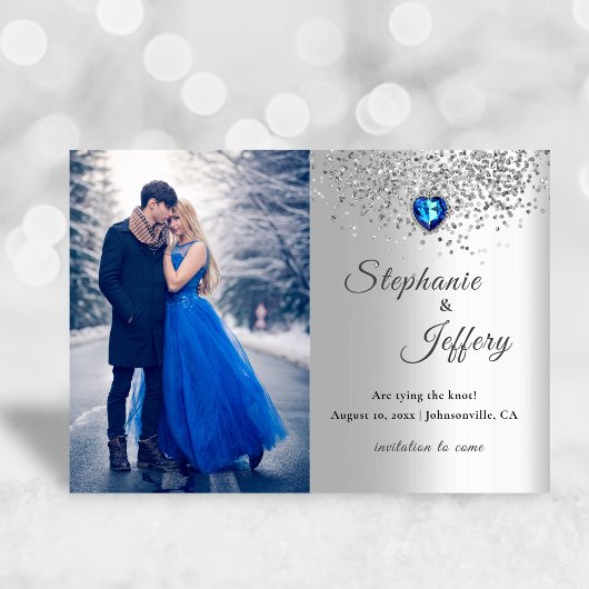 Silver Blue Heart Glitter Save the Date Kaart