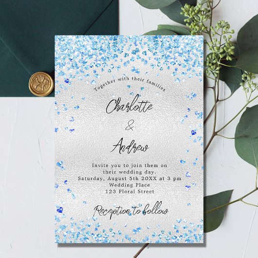 Silver Blue Hearts budget bruiloft Uitnodiging Briefkaart