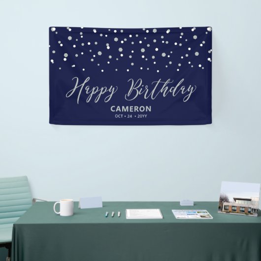 Silver & Blue Hexagon Confetti Happy Birthday Spandoek (Beurs)