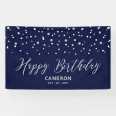 Silver & Blue Hexagon Confetti Happy Birthday Spandoek (Horizontaal)