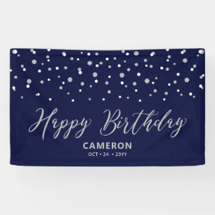 Silver & Blue Hexagon Confetti Happy Birthday Spandoek