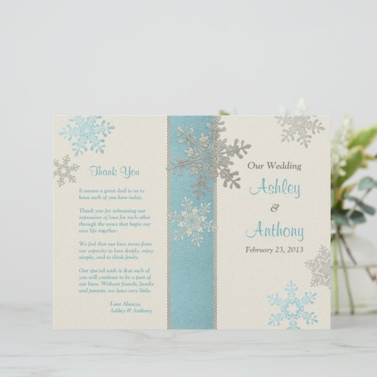 Silver Blue Ivory Snowflake Winter Wedding Program (Staand voorkant)