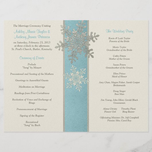 Silver Blue Ivory Snowflake Winter Wedding Program (Achterkant)