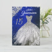 Silver Blue Lace Diamond Sparkle Gown Quinceanera Kaart (Staand voorkant)