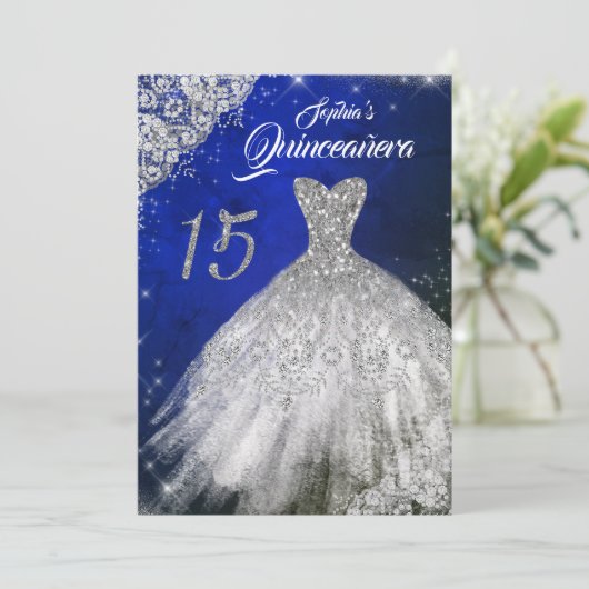 Silver Blue Lace Diamond Sparkle Gown Quinceanera Kaart (Staand voorkant)
