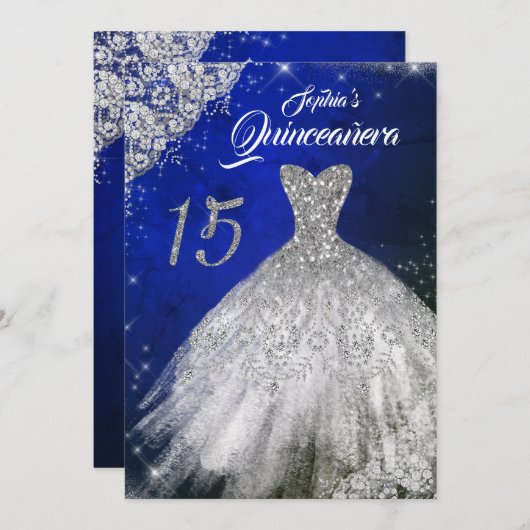 Silver Blue Lace Diamond Sparkle Gown Quinceanera Kaart (Voorkant / Achterkant)