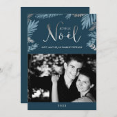 Silver & Blue Leaves Joyeux Noël Foto Feestdagenkaart (Voorkant / Achterkant)