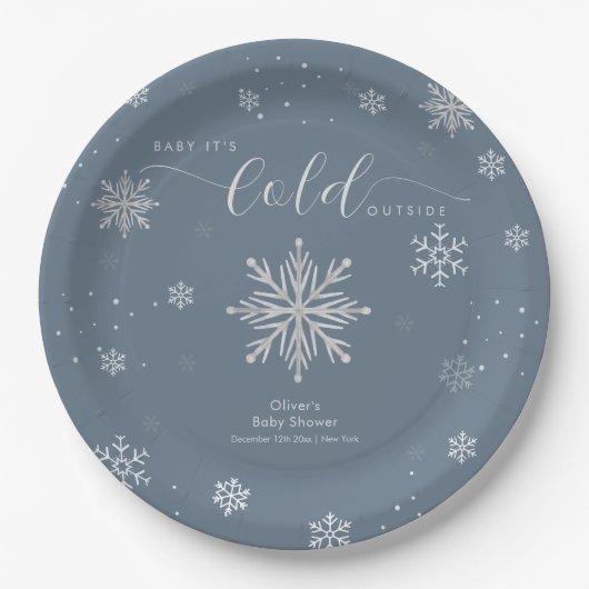 Silver Blue Magical Winter Snowflake Baby Shower Papieren Bordje (Voorkant)