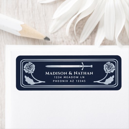 Silver Blue Medieval Fantasy Sword Wedding Label (Insitu)