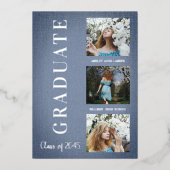 Silver Blue Modern 3 Photos Graduation Texture Folie Uitnodiging (Voorkant)