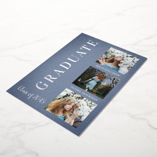 Silver Blue Modern 3 Photos Graduation Texture Folie Uitnodiging (Gedraaid)