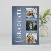 Silver Blue Modern 3 Photos Graduation Texture Folie Uitnodiging (Staand Voorkant)