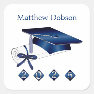 Silver Blue Mortar Diploma Afstuderen 2025 Vierkan Vierkante Sticker