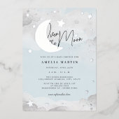 Silver Blue Over the Moon Baby shower Folie Folie Uitnodiging (Voorkant)