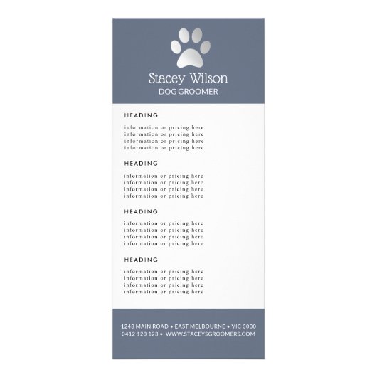 Silver Blue Paw Print Logo Price / Services List Reclamekaart (Voorkant)