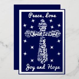 Silver Blue Peace Love Joy Hope Cross Kerstmis Folie Feestdagenkaart