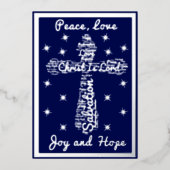 Silver Blue Peace Love Joy Hope Cross Kerstmis Folie Feestdagenkaart (Voorkant)