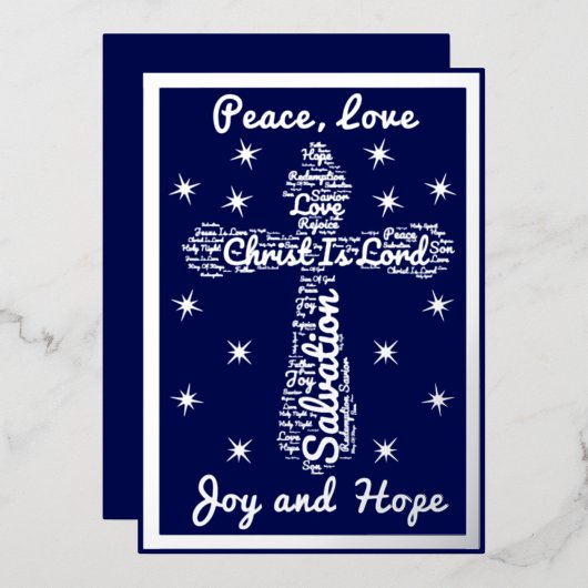 Silver Blue Peace Love Joy Hope Cross Kerstmis Folie Feestdagenkaart (Voorkant / Achterkant)
