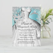 Silver Blue Princess Masquerade Sweet 16 Invite Kaart (Staand voorkant)