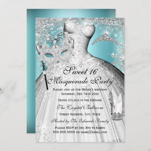 Silver Blue Princess Masquerade Sweet 16 Invite Kaart (Voorkant / Achterkant)