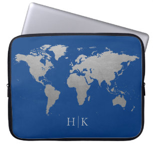 Silver Blue Professional Wereldkaart Monogram Laptop Sleeve