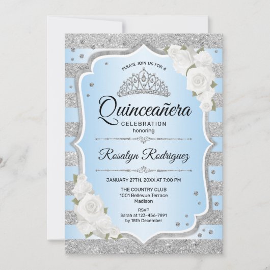 Silver Blue Quinceanera-uitnodiging Kaart (Voorkant)