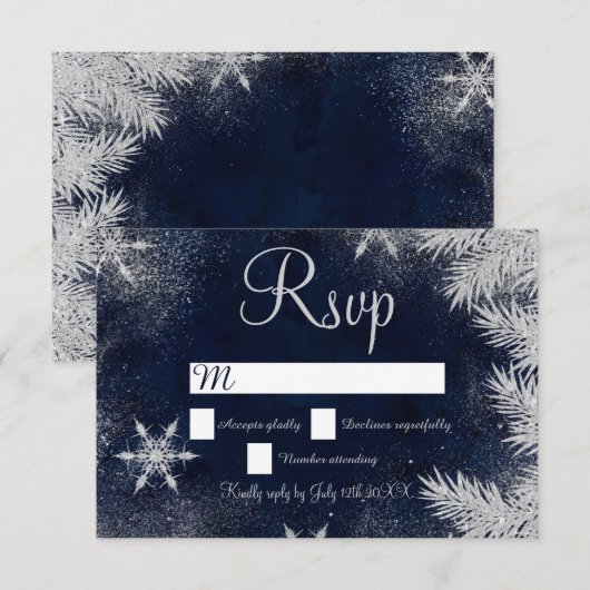 Silver blue snewflake bruiloft rsvp wonderland (Voorkant / Achterkant)