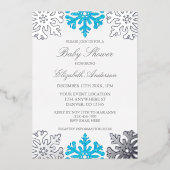 Silver Blue Snowflake Winter Baby shower Folie Uitnodiging (Voorkant)