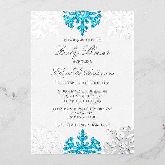 Silver Blue Snowflake Winter Baby shower Folie Uitnodiging (Voorkant)
