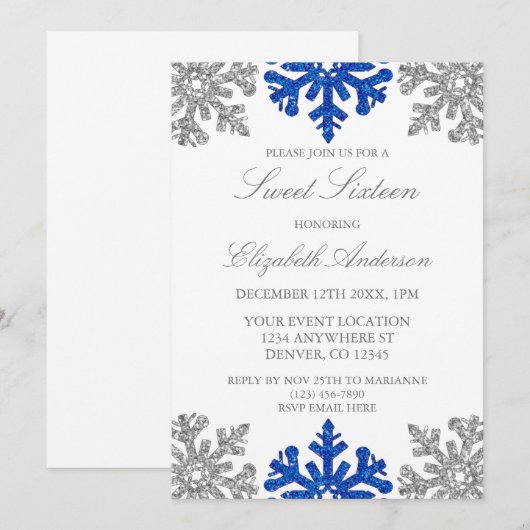 Silver Blue Snowflake Winter Sweet 16 Kaart (Voorkant / Achterkant)