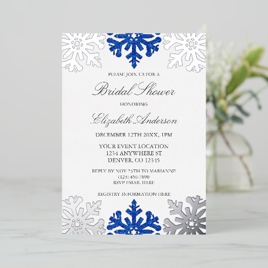 Silver Blue Snowflake Winter Vrijgezellenfeest Folie Uitnodiging (Staand Voorkant)