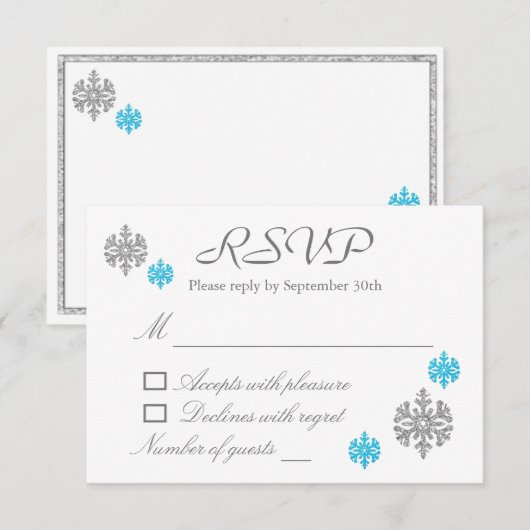 Silver Blue Snowflake Winter Wedding RSVP-kaart Kaart (Voorkant / Achterkant)