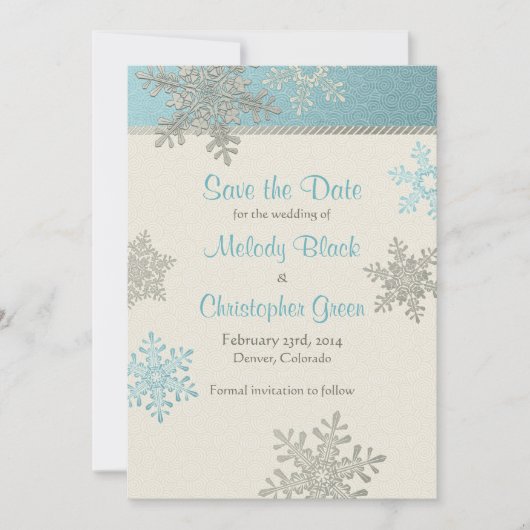 Silver Blue Snowflake Winter Wedding Save the Date (Voorkant)