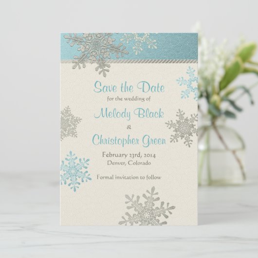 Silver Blue Snowflake Winter Wedding Save the Date (Staand voorkant)